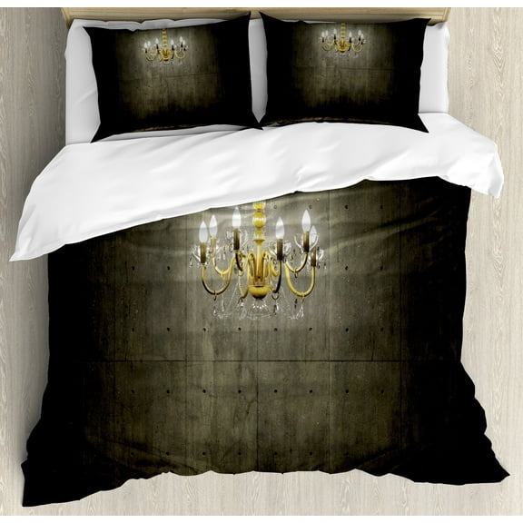 Grunge Duvet Cover Set, Classic Chandelier in a Dark Gothic Wooden Room Vintage Style Room Picture, Decorative 3 Piece Bedding Set with 2 Pillow Shams, Calking Size, Grey and Yellow, by Ambesonne