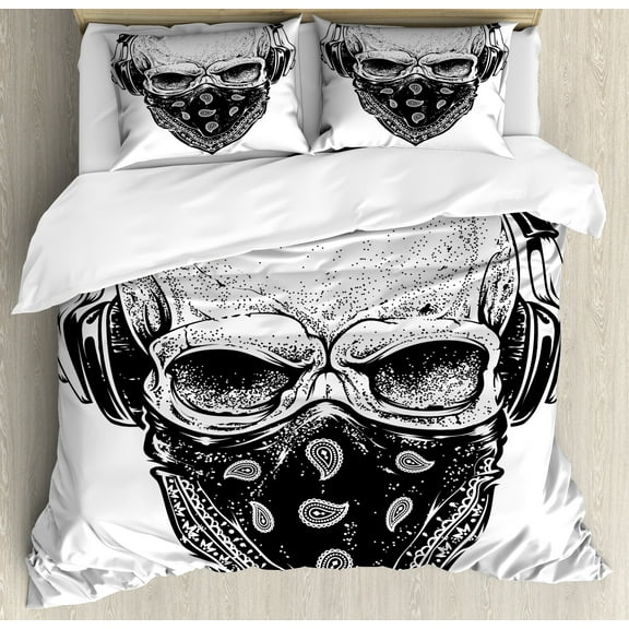 Grunge Duvet Cover Set, Gothic Skull with Bandanna and Headphones Musical Dead Man Illustration, Decorative 3 Piece Bedding Set with 2 Pillow Shams, Calking Size, Pale Grey Black, by Ambesonne