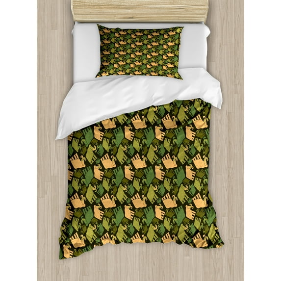 Grunge Duvet Cover Set, Mammoth Prehistoric Animals Graphic in Camouflage Tones Boho Wild Fashion, Decorative 2 Piece Bedding Set with 1 Pillow Shams, Twin Size, Peach and Olive Green, by Ambesonne