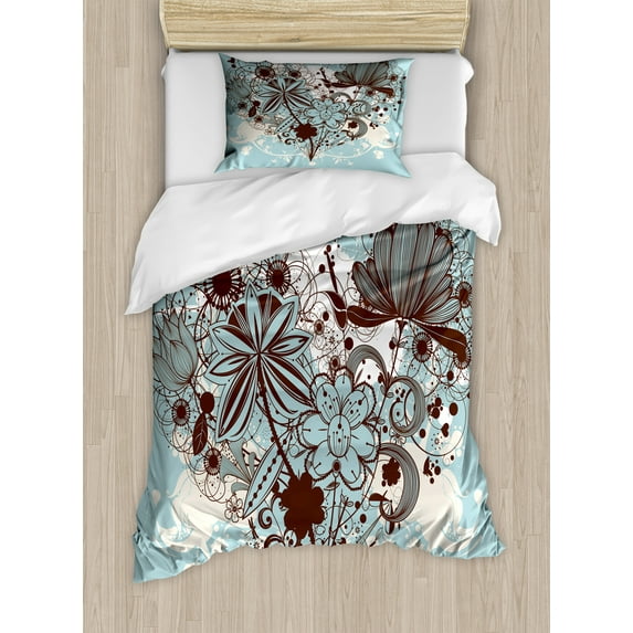 Grunge Duvet Cover Set, Murky Floral Dragonfly Background with Swirls and Petal Retro Graphic, Decorative 2 Piece Bedding Set with 1 Pillow Shams, Twin Size, Pale Blue Chestnut Brown, by Ambesonne