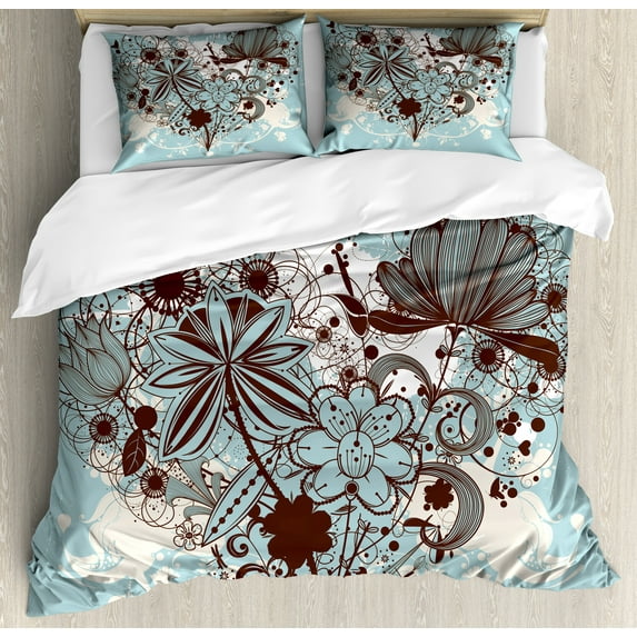 Grunge Duvet Cover Set, Murky Floral Dragonfly Background with Swirls and Petal Retro Graphic, Decorative 3 Piece Bedding Set with 2 Pillow Shams, Queen Size, Pale Blue Chestnut Brown, by Ambesonne
