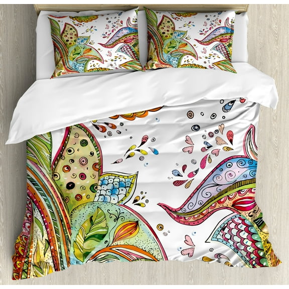 Grunge Duvet Cover Set, Patterns of Leaves Flowers and Heart Shapes in Abstract Garden Theme Art Print, Decorative 3 Piece Bedding Set with 2 Pillow Shams, King Size, Green Orange, by Ambesonne