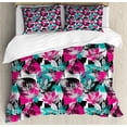 thumbnail image 1 of Grunge Duvet Cover Set Queen Size, Abstract Leaves with Various Designs Nature Ornamental Blossoming Earth, Decorative 3 Piece Bedding Set with 2 Pillow Shams, Hot Pink Seafoam Black, by Ambesonne, 1 of 3