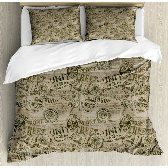 Grunge Duvet Cover Set Queen Size, Nostalgic Pins from Different Countries Uniform Style Graphic Design Pattern, Decorative 3 Piece Bedding Set with 2 Pillow Shams, Tan Army Green, by Ambesonne