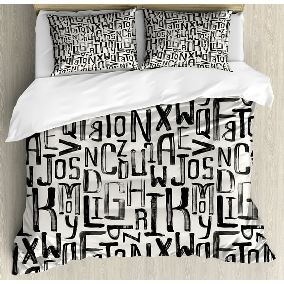 Grunge Duvet Cover Set, Small Large Grunge Letters in Random Sizes Pattern Alphabet Modern, Decorative 3 Piece Bedding Set with 2 Pillow Shams, Queen Size, Charcoal Grey White, by Ambesonne