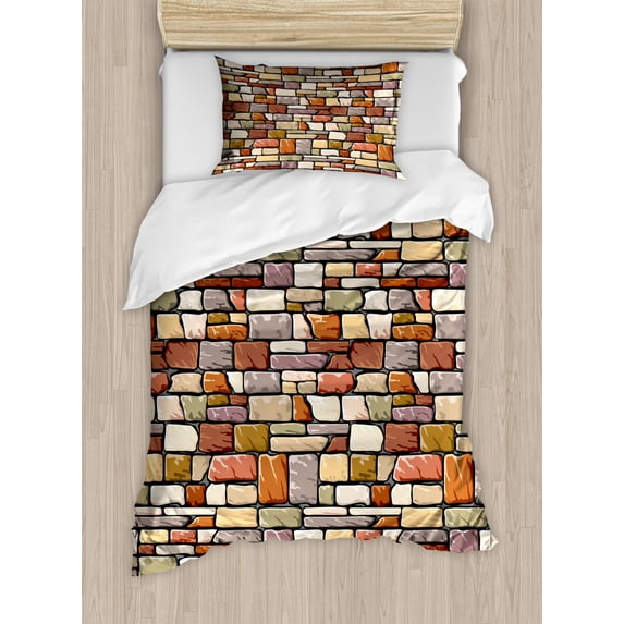 Grunge Duvet Cover Set Twin Size, Cartoon Wall Pattern with Stone Motifs Construction Architecture Inspired Design, Decorative 2 Piece Bedding Set with 1 Pillow Sham, Multicolor, by Ambesonne