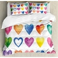 thumbnail image 1 of Grunge Duvet Cover Sets, Rainbow Color Heart Shapes Valentine's Day Design Romantic His and Hers Theme, Bedding Set 2 Duvet Covers & 4 Pillowcases, 2 Pack Queen Size, Red Blue Yellow, by Ambesonne, 1 of 1