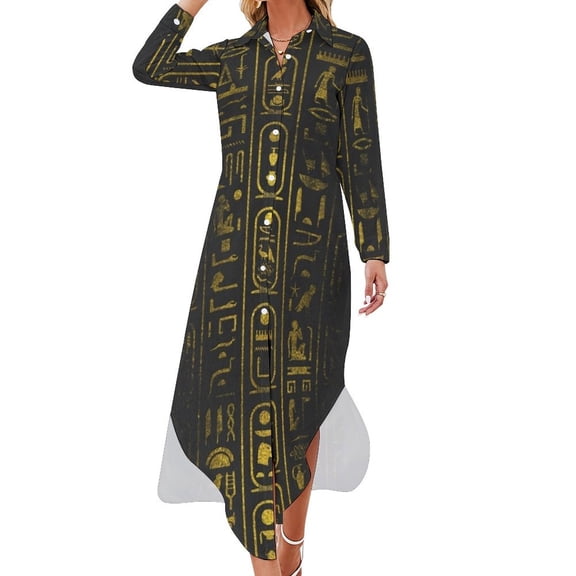 Grunge Egyptian Gold hieroglyphs on black paper Long Sleeved Shirt Dress Bride dresses summer dress women 2024
