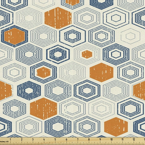 Ambesonne Grunge Fabric by the Yard Upholstery, Bullseye Hexagon Motifs, 5 Yards, Navy Blue Orange Beige