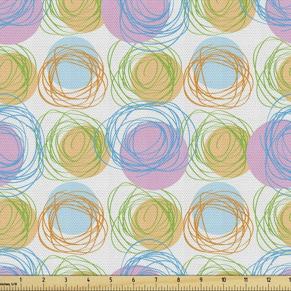 Ambesonne Grunge Fabric by the Yard Upholstery, Scribbled Vibrant Circles, 10 Yards, Multicolor