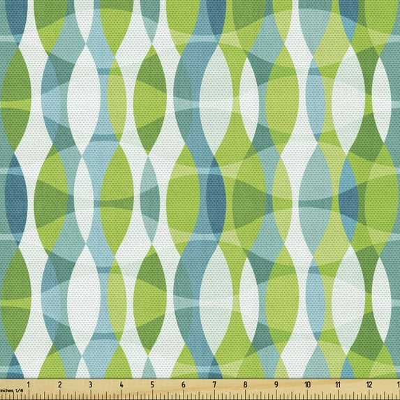 Grunge Fabric by the Yard, Geometric Oval Shapes Elliptic Vertical Curves Nature Theme Pattern, Decorative Upholstery Fabric for Chairs & Home Accents, Apple Green Turquoise by Ambesonne