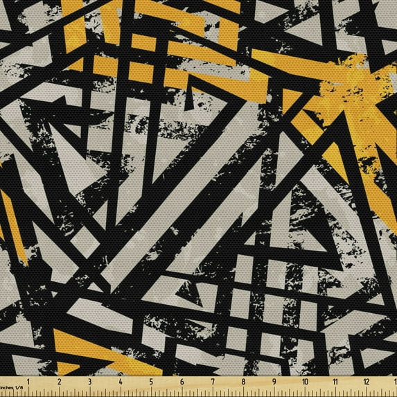 Ambesonne Grunge Fabric by the Yard Upholstery, Graffiti Stripes and Shapes, 2 Yards, Pale Orange Dust and Black