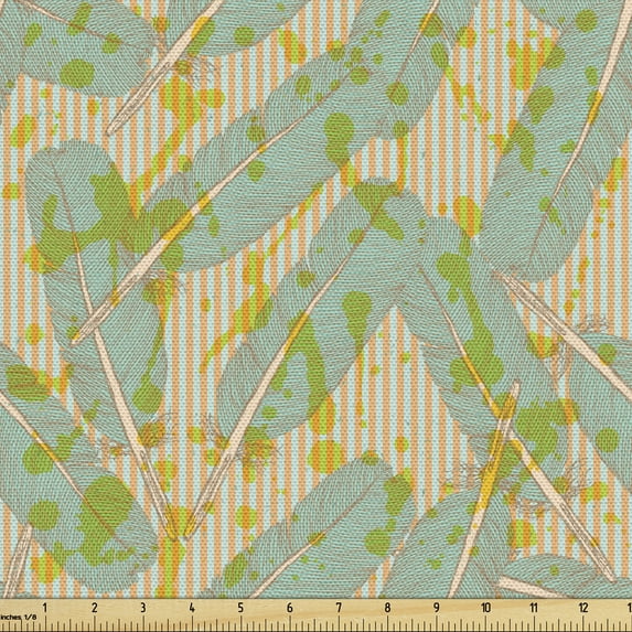 Grunge Fabric by the Yard, Pastel Exotic Jungle Leaves Paint Brushstroke Effects on Vintage Stripes, Decorative Upholstery Fabric for Sofas and Home Accents, Salmon Seafoam Green by Ambesonne