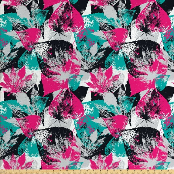 Ambesonne Grunge Fabric by the Yard Upholstery, Ornate Leaf Arrangement, 10 Yards, Hot Pink Seafoam Black