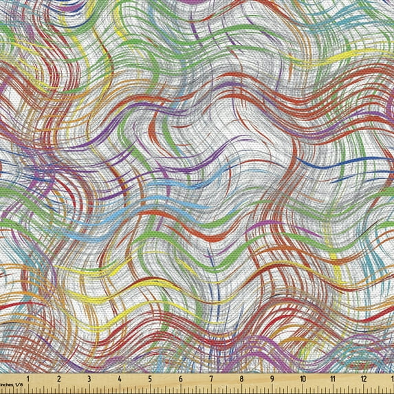 Ambesonne Grunge Fabric by the Yard Upholstery, Wavy Colorful Stripes, 1 Yard, Multicolor
