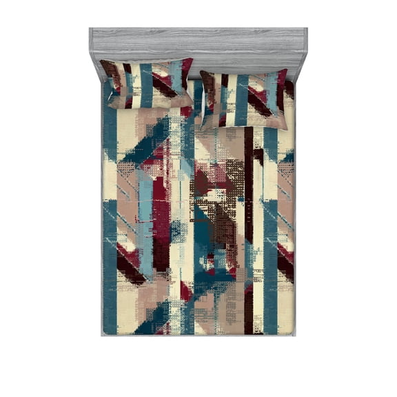 Grunge Fitted Sheet & Pillow Sham Set, Jumble Composition of Abstract Stripes and Dots Contemporary Artwork, Decorative Printed 3 Piece Bedding Decor, King, Cream Raspberry Sea Blue, by Ambesonne