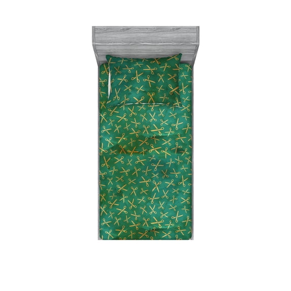 Grunge Fitted Sheet & Pillow Sham Set, Simple Retro Scissors Pattern on Bitoned Colors Backdrop Tailor Themed, Decorative Printed 2 Piece Bedding Decor, Twin, Forest Green Jade Green, by Ambesonne