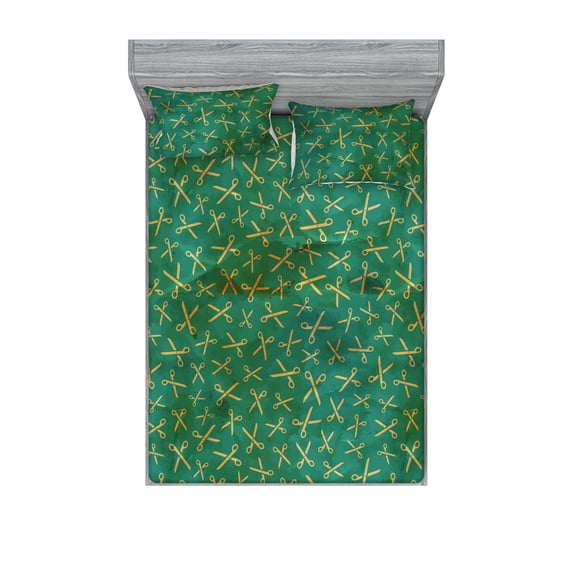 Grunge Fitted Sheet & Pillow Sham Set, Simple Retro Scissors Pattern on Bitoned Colors Backdrop Tailor Themed, Decorative Printed 3 Piece Bedding Decor, King, Forest Green Jade Green, by Ambesonne