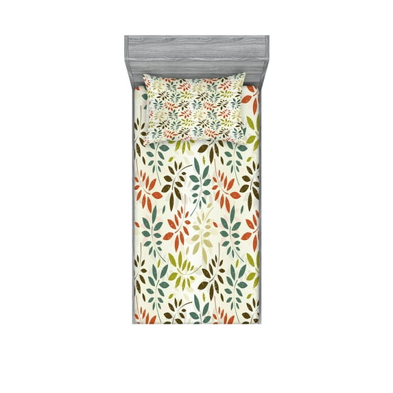 Grunge Fitted Sheet & Pillow Sham Set, Vintage Pattern of Colorful Falling Autumn Leaves Nature Change in Fall Season Theme, Decorative 4 Piece Bedding Decor Set, Twinxl, Multicolor, by Ambesonne