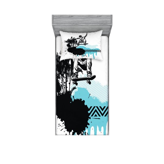 Grunge Fitted Sheet & Pillow Sham Set, Young Boy Skater Jumping Exotic Sports Theme Motley Skateboarding Illustration, Decorative 4 Piece Bedding Decor Set, Twinxl, Black Pale Blue, by Ambesonne