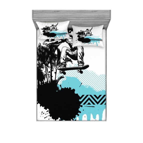 Grunge Fitted Sheet & Pillow Sham Set, Young Boy Skater Jumping Exotic Sports Theme Motley Skateboarding Illustration, Decorative 6 Piece Bedding Decor Set, Queen, Black Pale Blue, by Ambesonne