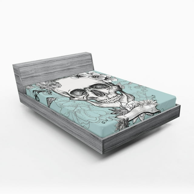 Grunge Fitted Sheet, Skull and Flowers Day of the Dead Mexican Traditional Celebration Symbolic Art, Decorative Soft Bedding All-round Elastic Pocket, California King, Turquoise White, by Ambesonne