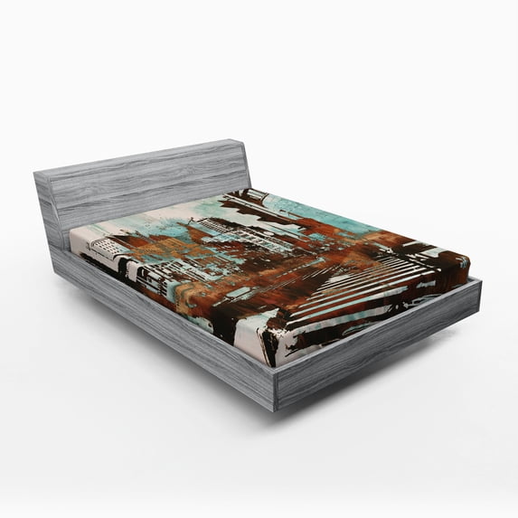 Grunge Fitted Sheet, Urban Cityscape Contemporary Abstract Acrylic Paint Style Brush Strokes, Soft Decorative Fabric Bedding, Queen Size, Seafoam Brown White, by Ambesonne