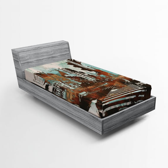 Grunge Fitted Sheet, Urban Cityscape Contemporary Abstract Acrylic Paint Style Brush Strokes, Soft Decorative Fabric Bedding, Twin Size, Seafoam Brown White, by Ambesonne