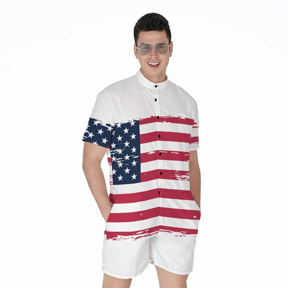 Grunge Flag Of Usa Short Sleeve Men'S Rompers, American Flag Casual Summer Jumpsuits Outfit. Gifts For Us Independence Day, 4Th Of July