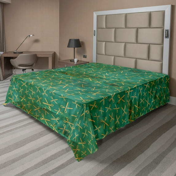 Ambesonne Grunge Flat Bedding Sheet Soft Top Sheet, Retro Scissors Pattern Art, Full, Forest Green Jade Green