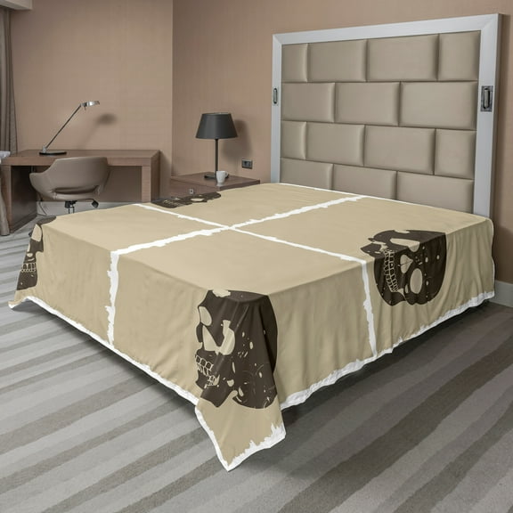 Ambesonne Grunge Flat Sheet, Halloween Skulls Spooky, California King, Tan Dark Taupe
