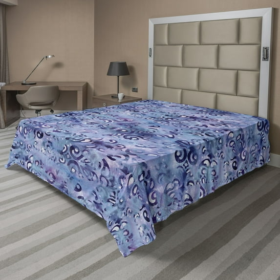 Grunge Flat Sheet, Watercolor Themed Pattern of Abstract Effect Ornaments Brushstrokes, Soft Comfortable Top Sheet Decorative Bedding 1 Piece, King Size, Cadet Blue Quartz and Lilac, by Ambesonne
