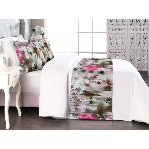 Grunge Floral Bed Runner Set, Abstract Composition of Flowers Vintage with Pastel Colors Print, Decorative Bedding Scarf & 2 Pillow Shams for Hotels Homes, Queen, Hot Pink Pale Pink Teal, by Ambesonne