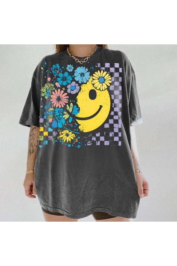 Grunge Floral Smiley Face T-Shirt, Retro Checkerboard Happy Face Tee, Distressed 90s Aesthetic Shirt, Hippie Flower Sublimation Design