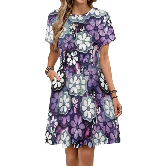 Grunge Graphic Flower Pattern Dress Summer Street Style Dresses Female Short Sleeve Printed Sundress