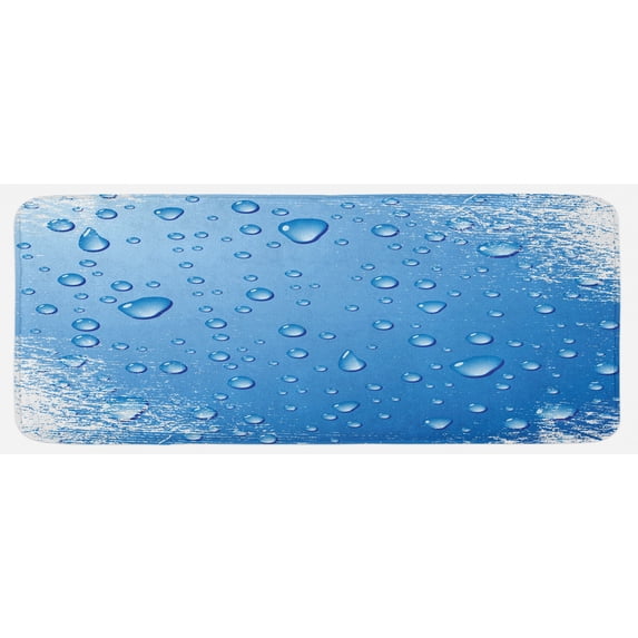 Grunge Kitchen Mat, Realistic Water Drops Bubbles on Worn Scratched Looking Backdrop Freshness Purity, Plush Decorative Kitchen Mat with Non Slip Backing, 47" X 19", Blue White, by Ambesonne