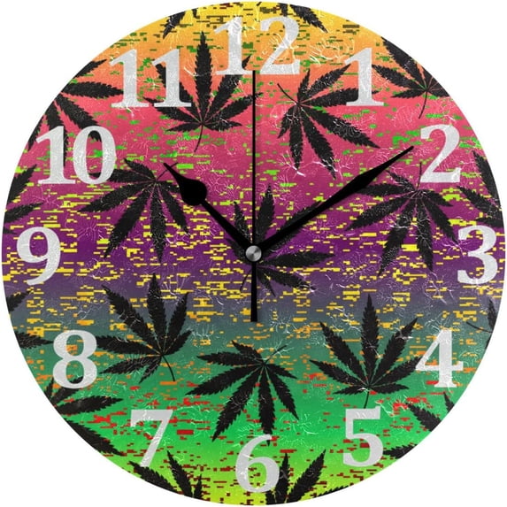 Grunge Leaves Wall Clock Round Vintage Silent Non Ticking Battery Operated Accurate Arabic Numerals Design Decorative for Home Kitchen Living Room Bedroom 10 Inch