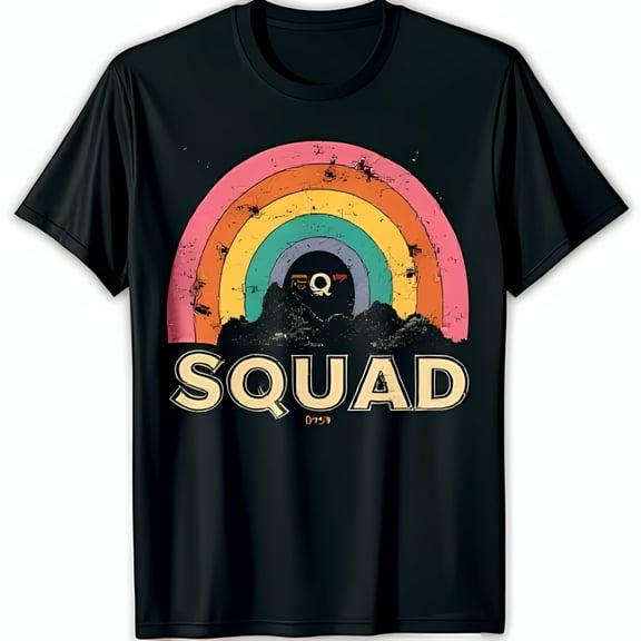 Grunge Mountain Black T-Shirt with 'SQUAD' Print