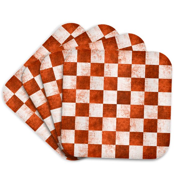 3drose, Grunge Orange and Whtie Checkerboard Squares Pattern, Set of 4 Coasters - Soft