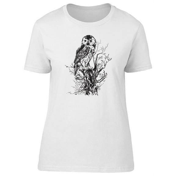 Grunge Owl On A Tree Sketch T-Shirt Women -Image by Shutterstock, Female XX-Large