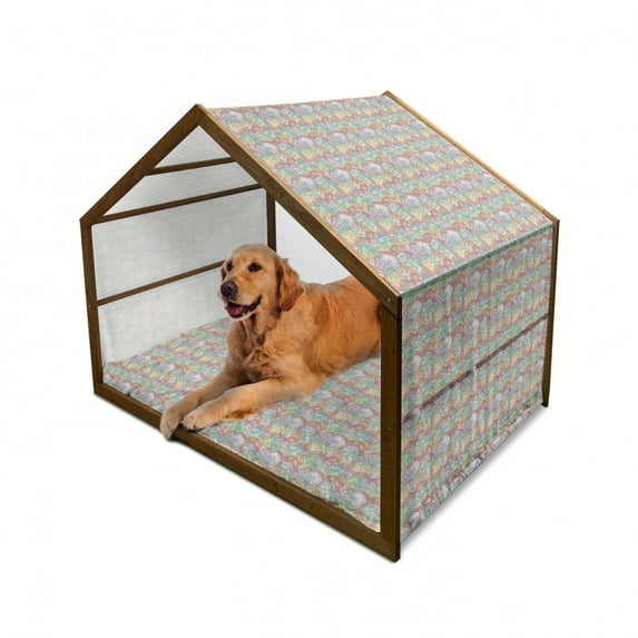 Grunge Pet House, Wavy Thin Stripes Colorful Pattern Retro Geometric Elements Grid with Curved Lines, Outdoor & Indoor Portable Dog Kennel with Pillow and Cover, 5 Sizes, Multicolor, by Ambesonne