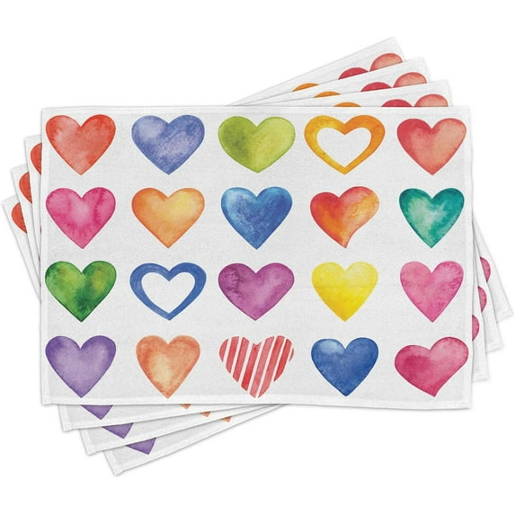 Grunge Place Mats Set of 4, Rainbow Color Heart Shapes Valentine's Day Design Romantic His and Hers Theme, Washable Fabric Placemats for Dining Table, Standard Size, Red Multicolor