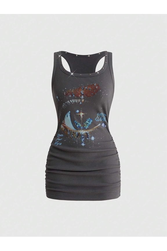 Grunge Punk Women's Retro Baddie Streetwear Starry Sky & Star Rivet Print Bodycon Mini Dress