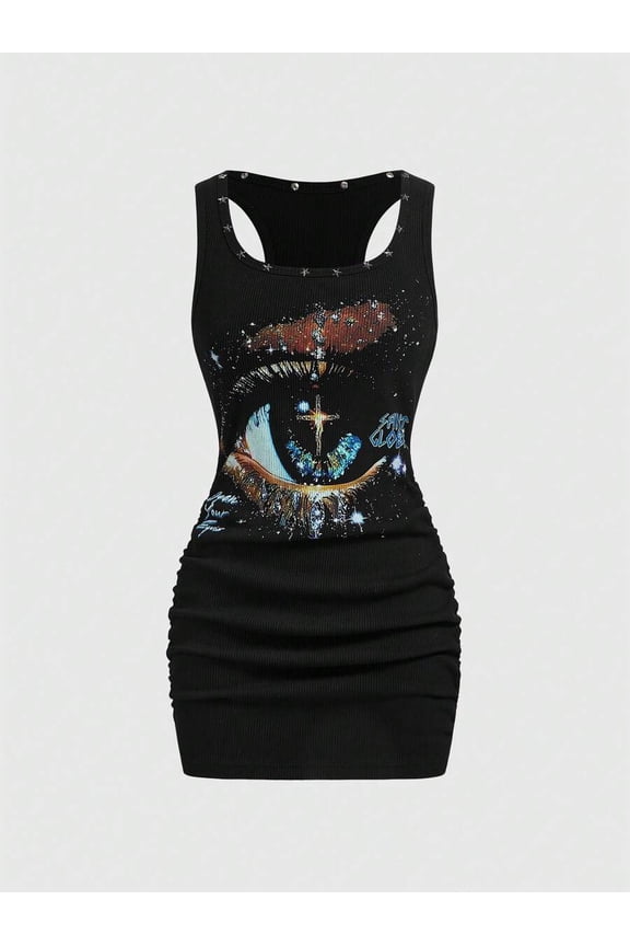 Grunge Punk Women's Retro Baddie Streetwear Starry Sky & Star Rivet Print Bodycon Mini Dress