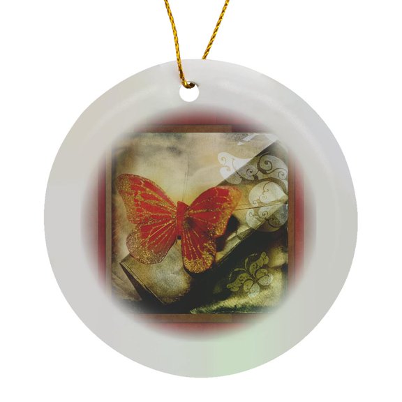 3drose, Grunge Red Butterfly, Circle Porcelain Ornament