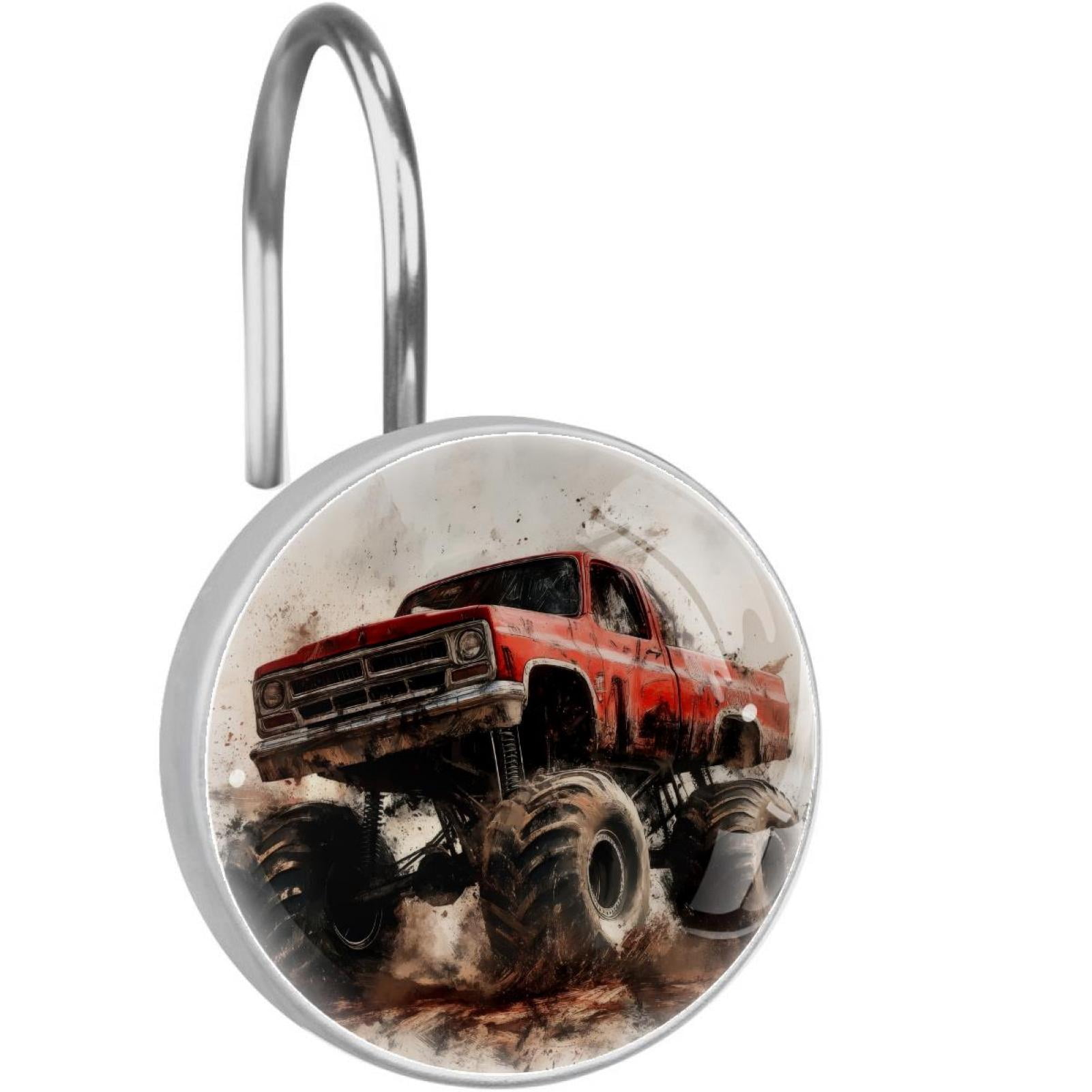 Grunge Red Monster Car Shower Curtain Hooks Round Crystal Glass, Set of 12 Shower Curtain Rings - Shower Hooks for Curtain Shower Rings