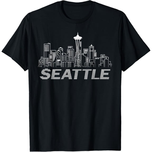 Grunge Seattle Skyline Distressed Look Design T-Shirt- Classic Unisex 100% Cotton Crew Neck T-Shirt Breathable Casual Everyday Wear Affordable Graphic Soft t shirt Cheap t shirts