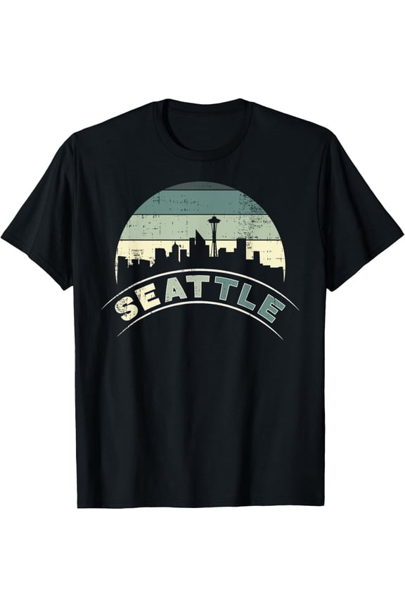 Grunge Seattle Skyline Distressed Look design T-Shirt men and women can wear, black, white, gifts