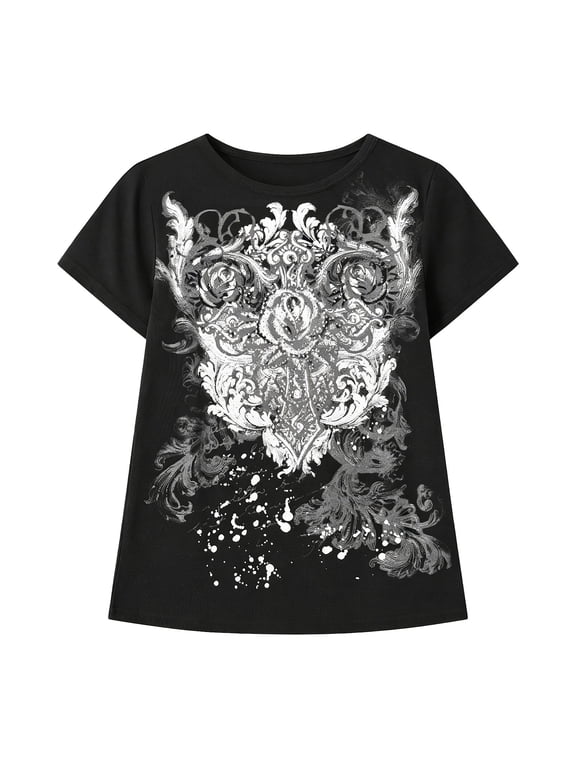 Grunge Shirts Emo Clothes Girls Vintage Graphic Tee Y2k 2000s Goth Top Women Mcbling Short Sleeve Streetwear Black M
