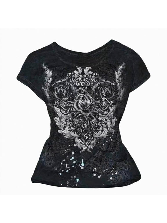 Grunge Shirts Emo Clothes Teen Girls Vintage Graphic Tee Y2k 2000s Goth Top Women Mcbling Short Sleeve Streetwear top